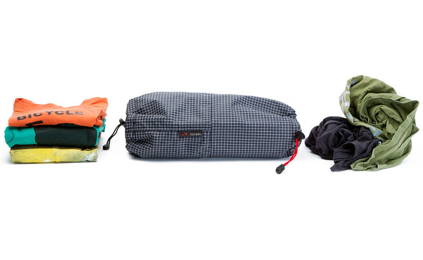 An Aeronaut 45 Travel Stuff Sack showing clean clothes on one side and dirty on the other.